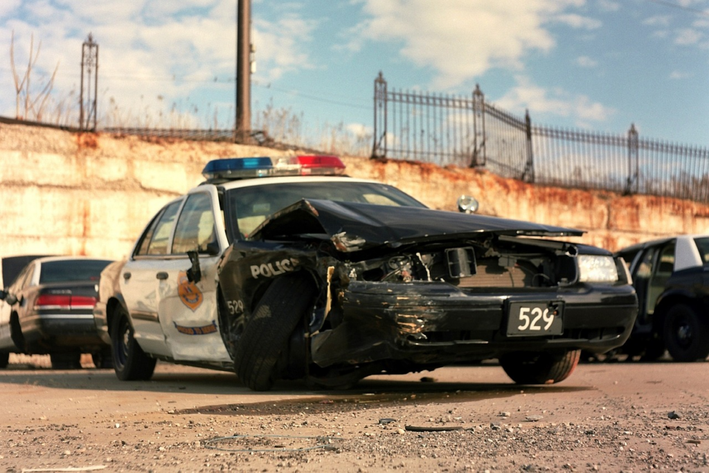 An image showcasing the Ferndale Police Department (WA) emblem against a backdrop of scattered car parts, skid marks, and police tape, evoking the scene of an accident report